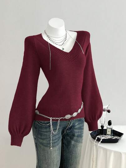 Elamini Women's Casual Solid Color V-Neck Lantern Sleeve Sweater, Autumn/Winter