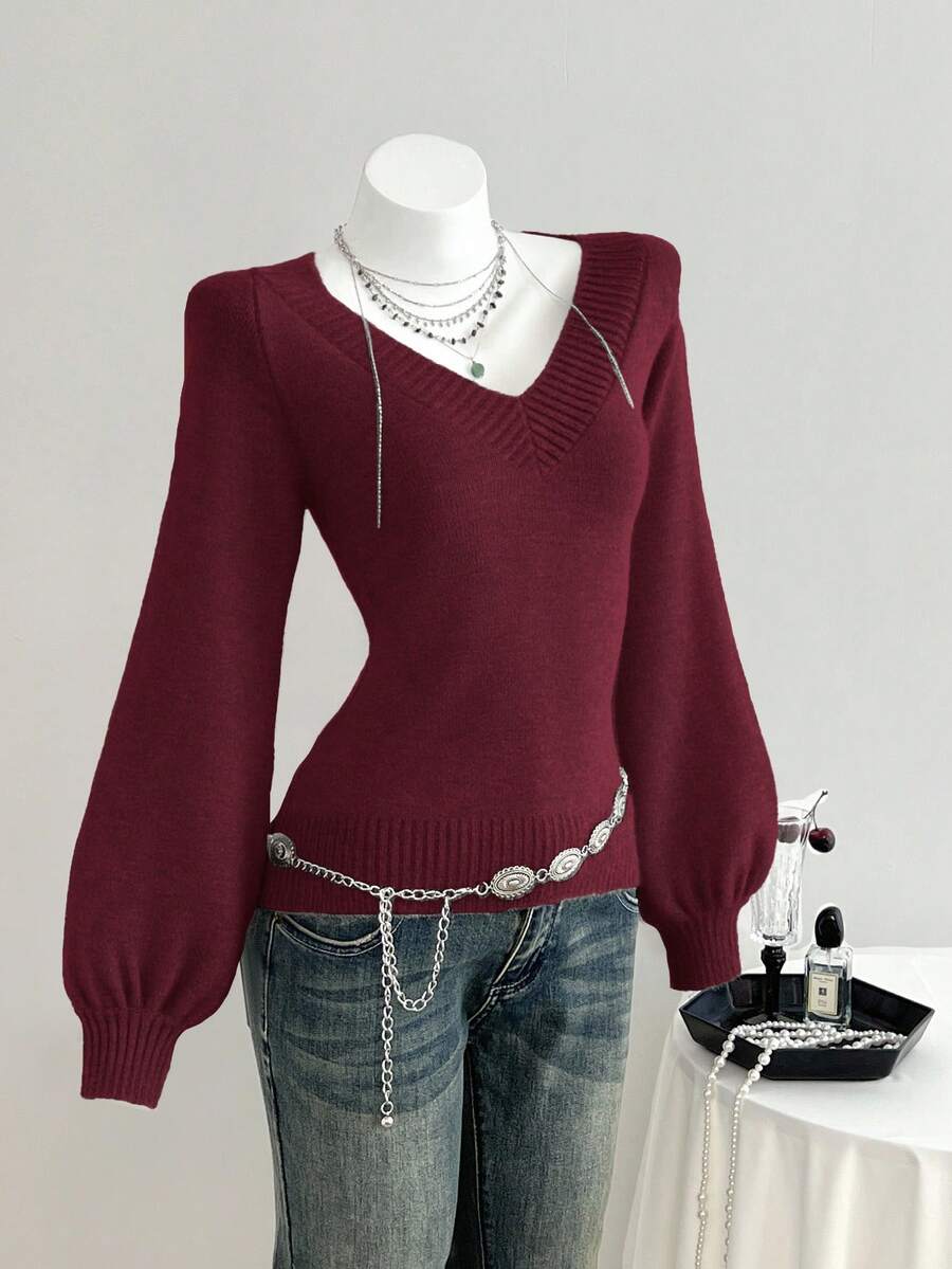 Elamini Áo len tay loe cổ chữ V trơn màu thường ngày cho nữ, mùa thu/đông - Đỏ - Xem 1