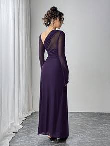 秋季女士网纱修身长袖腰部褶皱不对称领口A字下摆长连衣裙度假吊带裙 - 紫色 - 查看 2