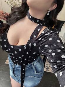 Flirla Women's Plus Size Long Sleeve Velvet Polka Dot Patchwork Lace T-Shirt - Black - View 1