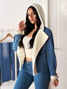 Flexra 女士休闲时尚街头拼布泰迪羊毛连帽牛仔夹克，秋冬 - 淺色水洗藍 - 查看 1