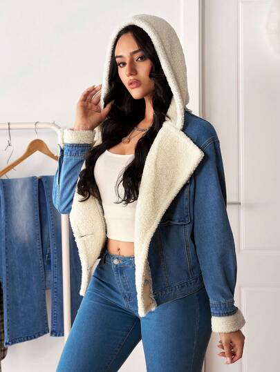 Flexra Women's Casual Fashion Street Patchwork Teddy Fleece Hooded Denim Jacket, Autumn/Winter