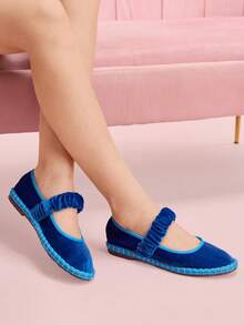 CUCCOO DOLLMOD 女士海军蓝优雅天鹅绒经典舒适天鹅绒褶皱弹力玛丽珍平底鞋 - 寶藍色 - 查看 6