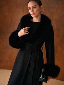 MOTF PREMIUM Wool Collar Patchwork Long Waist Cinched Overcoat, Autumn/Winter - Black - View 8