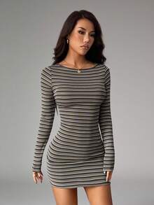 SHEIN PETITE 女式休闲条纹印花船领长袖迷你连衣裙，返校季，外出服，女士西装，女士秋季连衣裙 - 彩色 - 查看 1