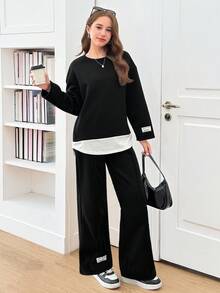 SHEIN 青少年女孩休闲旅行返校套装，针织拼布，织标，圆领长袖上衣和裤子，返校 - 黑與白 - 查看 4