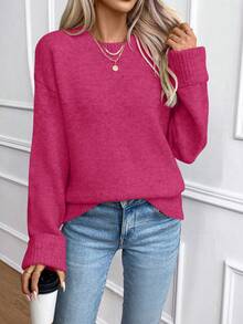 EMERY ROSE Women's Loose Fit Crew Neck Oversized Pullover Sweater With Ribbed Cuffs, Christmas - Hot Pink - View 5