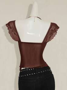 SHEIN ICON 女式褶皱前开合身性感网眼拼接盖袖露背休闲度假短款背心 - 棕色 - 查看 2