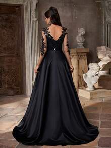 Aureia Váy maxi dài tay cổ chữ V bằng vải satin mỏng đính hạt sequin đen thanh lịch, đuôi cá dài thướt tha, phù hợp cho mọi dịp trang trọng, đám cưới, sự kiện, hẹn hò, kỳ nghỉ, tiệc tùng, dạ tiệc - màu đen - Xem 4