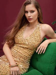 Maija Women's Sleeveless Sequin Dress With Halter Neck Christmas - Khaki - View 5