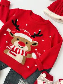 SHEIN 4 件套家庭装圣诞套装 - 妈妈和我：小男孩、小女孩休闲可爱圣诞帽、驯鹿、红色圣诞毛衣圆领套头衫，适合秋冬季、居家、郊游、圣诞派对 - 紅色 - 查看 5