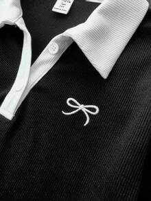 Teen Girl Contrast Color Splice Collar Long Sleeve Bow Decor Casual T-Shirt