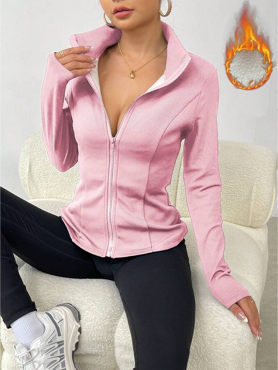 Chiquease 女式休闲日常通勤简约纯色拉链修身羊毛夹克,秋冬 - 粉色 - 查看 1