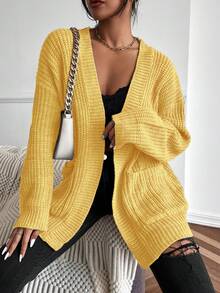 EMERY ROSE Women's Casual Solid Color Cardigan With Pockets - Yellow - View 4