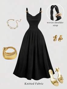 SHEIN MOD Schwarzes ärmelloses Damenkleid mit Metallschnallendekor und plissiertem Kragen in der Taille - Schwarz - Übersicht 1
