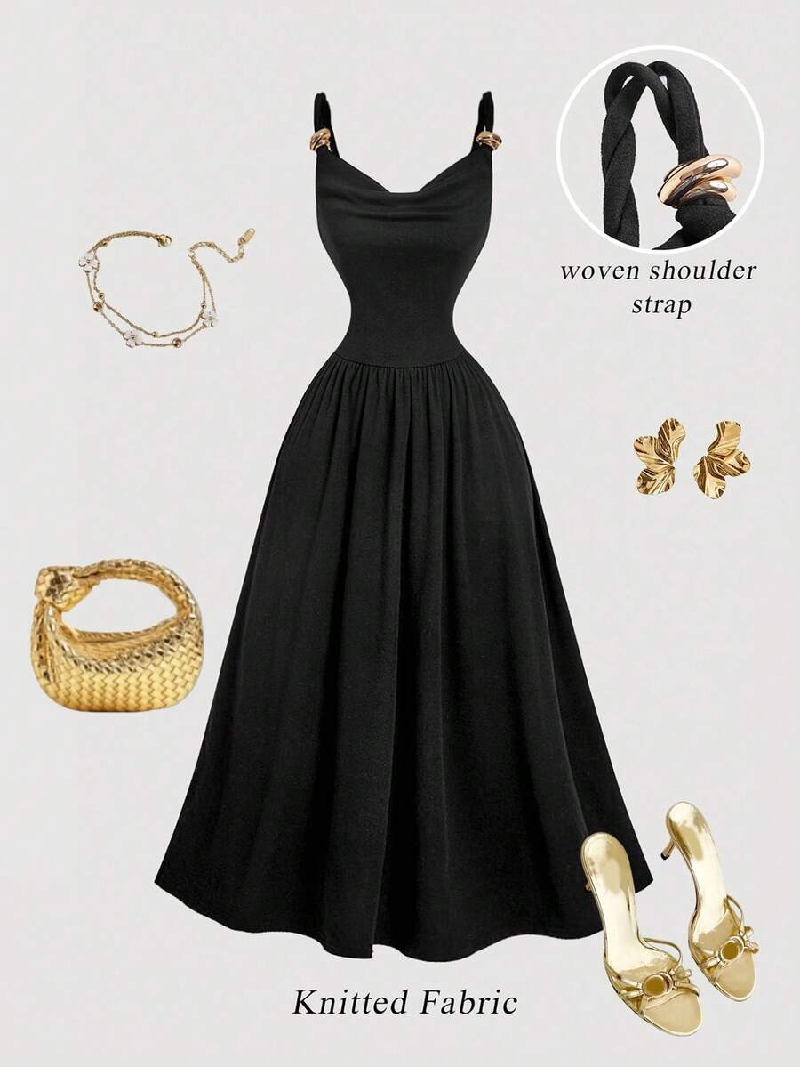 SHEIN MOD Schwarzes ärmelloses Damenkleid mit Metallschnallendekor und plissiertem Kragen in der Taille - Schwarz - Übersicht 1