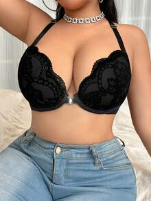 SHEIN 1件加大码蕾丝拼接前扣撞色露背内衣文胸 - 黑色 - 查看 4