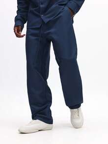 SUMWON 男士修身长袖衬衫套装，含配套套头裤，商务休闲海军蓝纯色套装 - 寶藍色 - 查看 4