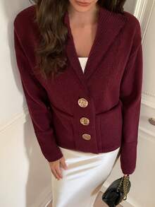 Elyressa 女士休闲前扣口袋开衫，适合通勤，秋季 - 酒紅色 - 查看 7