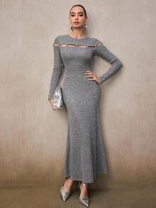 Modelyn Women's Gray Fashion Design Round Neck Long Sleeve Dress - Light Grey - View 6