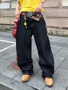 Manfinity EMRG Men's Street Fashion Casual Plaid Embroidered Floral Design Straight Leg Wide Leg Jeans Baggy Jeans With Design Valentine's Day