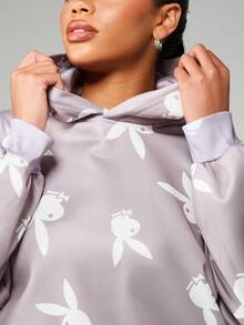 Missguided x Playboy 超大款兔子印花连帽衫长袖套头衫休闲街头风上衣 - 灰色 - 查看 5