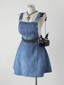 Sunspun Plus Size Autumn/Winter Pocket Elastic Waist Criss-Cross A-Line Knee-Length Denim Effect Print Elegant Vacation/Party Dress For Women