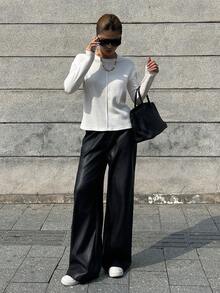 DAZY Áo thun dài tay cơ bản thời trang công sở thoải mái, rộng rãi cho nữ, thiết kế chắp vá, mùa thu - trắng - Xem 6