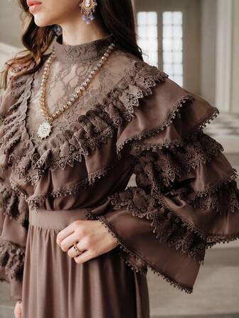 Anewsta Savoree Premium kanten jurk met gelaagde bloemenversiering voor dames, geschikt voor herfst, winter, lente, nieuwjaar, feest, bruiloft, elegant, chic, stijlvol, Thanksgiving, Kerstmis