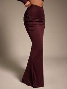 Hauture Falda larga de sirena marrón ciruela con corte lateral y fruncido para salir