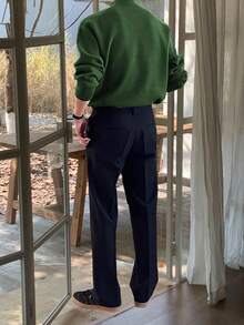 Claim Dot Men's Stand Collar Solid Color Drop Shoulder Long Sleeve Casual Loose Pullover Sweater Green Sweater Turtle Neck - Olive Green - View 2