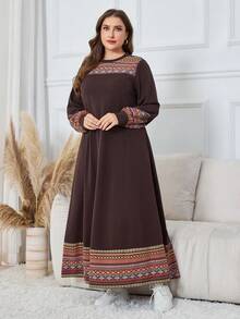 Lacomfia 女式印花拼接灯笼袖宽松休闲舒适家居连衣裙，大码，秋冬 - 彩色 - 查看 3