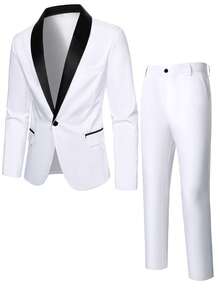 Calvornis 男士撞色披肩领长袖西装外套和裤子商务套装 白色西装 男士白色西装外套和裤子 派对西装 婚礼西装 - 白色 - 查看 4