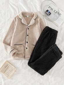 青少年男童保暖内衬开衫上衣和抓绒裤家居服套装，米色和灰色青少年男童抓绒服装套装 - 彩色 - 查看 4