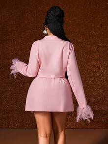 Maweii 2pcs/Set Fashionable Pink Plush Blazer Jacket Paired With Blazer Skirt - Pink - View 3