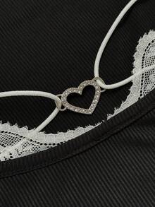 Vibekara Mùa xuân, mùa thu, mùa đông, mùa xuân/thu, mùa thu/đông, Áo thun dài tay cổ cao viền ren thanh lịch dành cho nữ, ôm dáng, thiết kế độc đáo, áo phối nhiều mảnh, áo dành cho người có đường cong, áo ba lỗ khoét ngực, áo cỡ lớn dành cho nữ. - màu đen - Xem 6