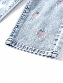 SHEIN Playful Pals Young Girls Denim Two Pieces Outfits, Pink Heart Embroidery Slim-Fit Cardigan Long Sleeve Top And Retro Straight-Leg Blue Denim Pants, Denim Set Two Piece Denim Set Little Girls Sets With Purse Denim Sets For Girls Jean Outfit Set - Light Wash - View 8