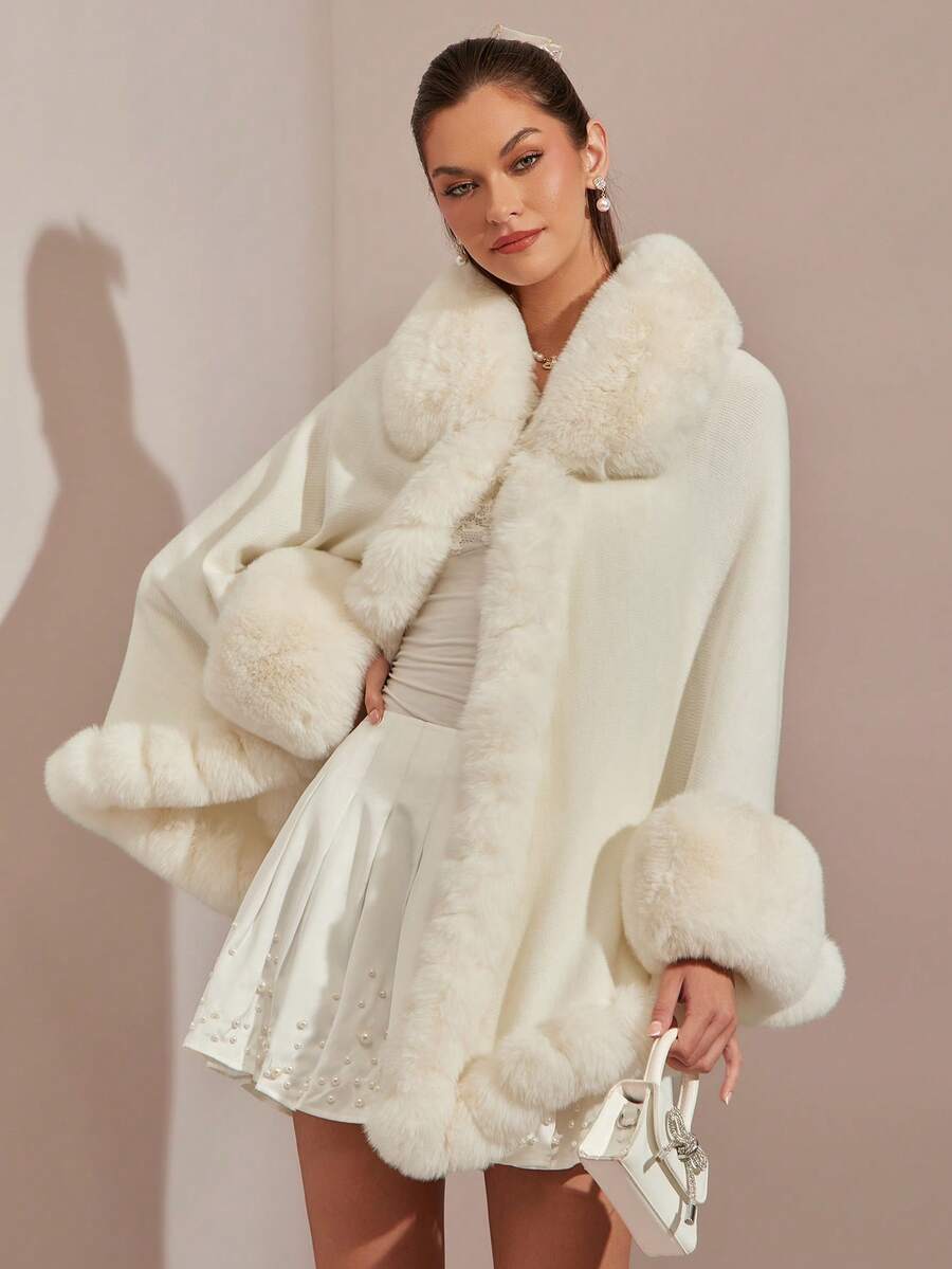 Enchnt معطف بونشو فضفاض مزين بفرو اصطناعي للنساء، لون أحادي، موضة، خريف/شتاء - أبيض - مشاهدة 1