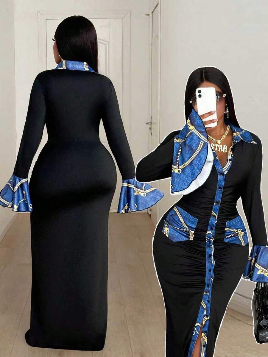 Maweii Plus Size Women's Sexy Long Sleeve Patchwork Flare Sleeve Cardigan With Button, Color Block Pocket Lapel Collar Long Slim Fit Black Dress, Autumn/Winter/Spring - Black - View 1