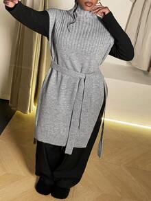 Maweii Damska szara, codzienna, swobodna, wysoka, bezrękawnikowa sukienka z paskiem w jednolitym kolorze, spersonalizowana, prosta, modna, pasująca do dwóch ubrań, projekt Sense Advanced, średniej długości, warstwowy krój, dzianinowy sweter w dużym rozmiarze, kamizelka, bez rękawów, elegancka, jednolita, rozcięta sukienka dzianinowa w kształcie litery A, wiosna, jesień, zima