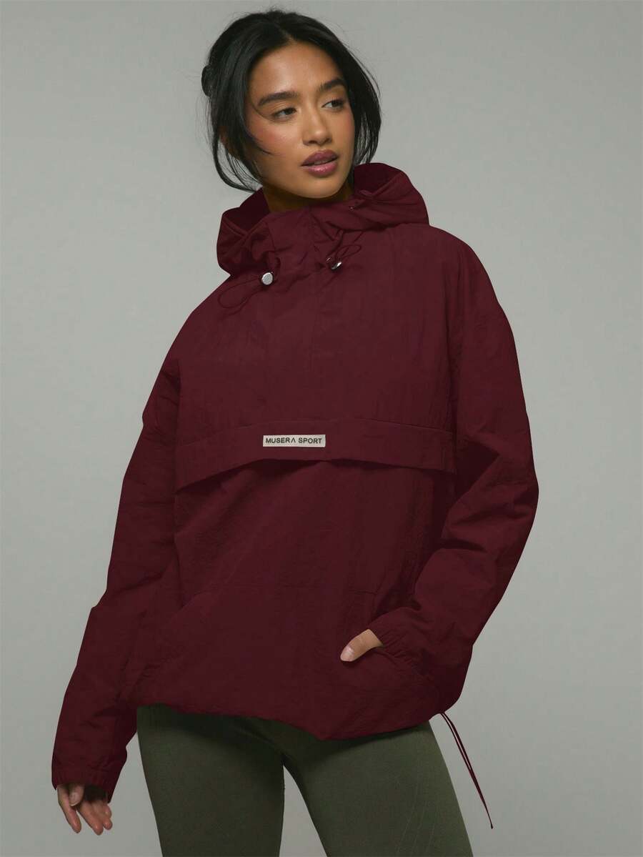 Musera Sport 尼龙半拉链口袋细节Logo连帽外套，夏季、雨天、徒步、运动休闲、节日、健身、冬季、春季、情人节适用 - 酒紅色 - 查看 1