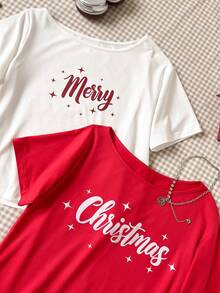 Bộ 2 áo thun tay ngắn hở vai in chữ "Merry Christmas" cho bé gái tuổi teen, màu đỏ và trắng - Nhiều màu - Xem 4