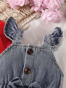 SHEIN 女婴纯色圆领长袖T恤蝴蝶结装饰荷叶袖牛仔连体裤可爱套装 - 紅色 - 查看 4