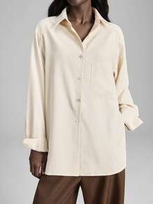 Ontre 2025新款秋冬女装,派对、新年女士衬衫,女士冬季服装,四季皆宜,纯色杏色/米色,长袖,宽松版型,梭织面料,不对称设计,时尚百搭,女士办公室/工作服,万圣节、圣诞节,都市时尚,优雅,纽扣,前开襟,女士衬衫,女士上衣,休闲装,商务休闲装,通勤装,舒适简约,时尚百搭女式衬衫 - 卡其色 - 查看 5