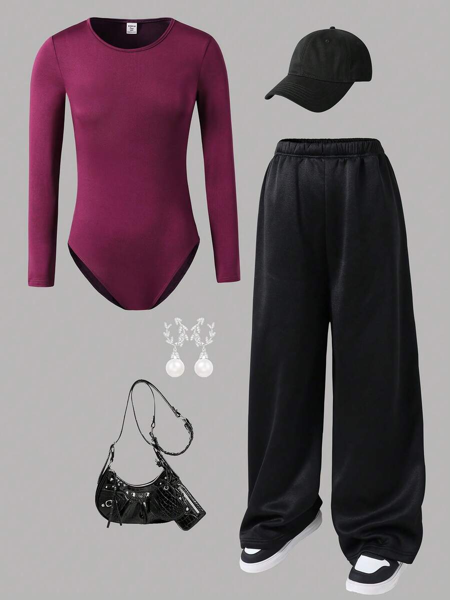 Bộ 2 áo thun tay dài ôm sát in họa tiết bướm thanh lịch cho bé gái tuổi teen, thích hợp cho các buổi hẹn hò và đi chơi, thích hợp cho mùa thu và mùa xuân - Màu Đỏ Sâu - Xem 1