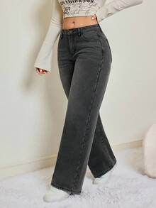 SHEIN Tall 秋冬季女士时尚百搭保暖直筒牛仔裤，冬季保暖黑色保暖内衬时尚舒适直筒黑色牛仔裤 - 深灰色 - 查看 4