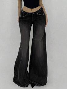 DAZY Quần Jeans Denim Đơn Giản Phong Cách Retro Dành Cho Nữ - Màu xám đen - Xem 3