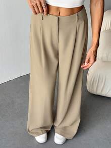 SHEIN Tall Calça feminina solta casual plissada de cor sólida e perna larga - Caqui - Ver 4
