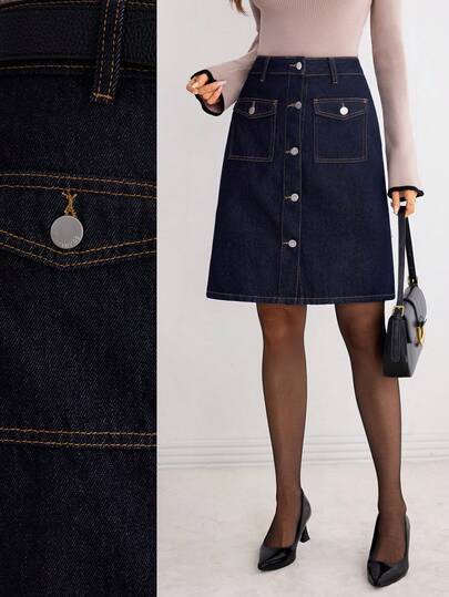 Elenzga 女式牛仔 A 字裙，深牛仔蓝，百搭，腰带装饰，休闲/工作服