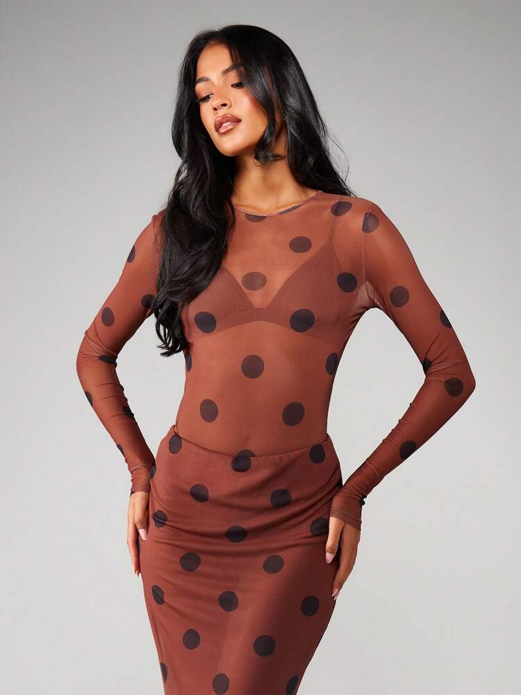 MISSGUIDED Polka Dot Mesh Bodysuit Long Sleeve Sheer See Through Fitted Top Fall Winter Party Club